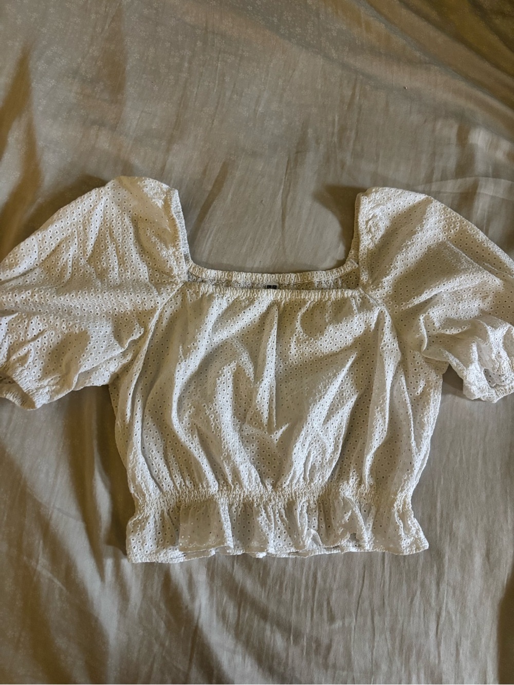 Uniqlo White Eyelet Puff Sleeve Square Neck Crop Top